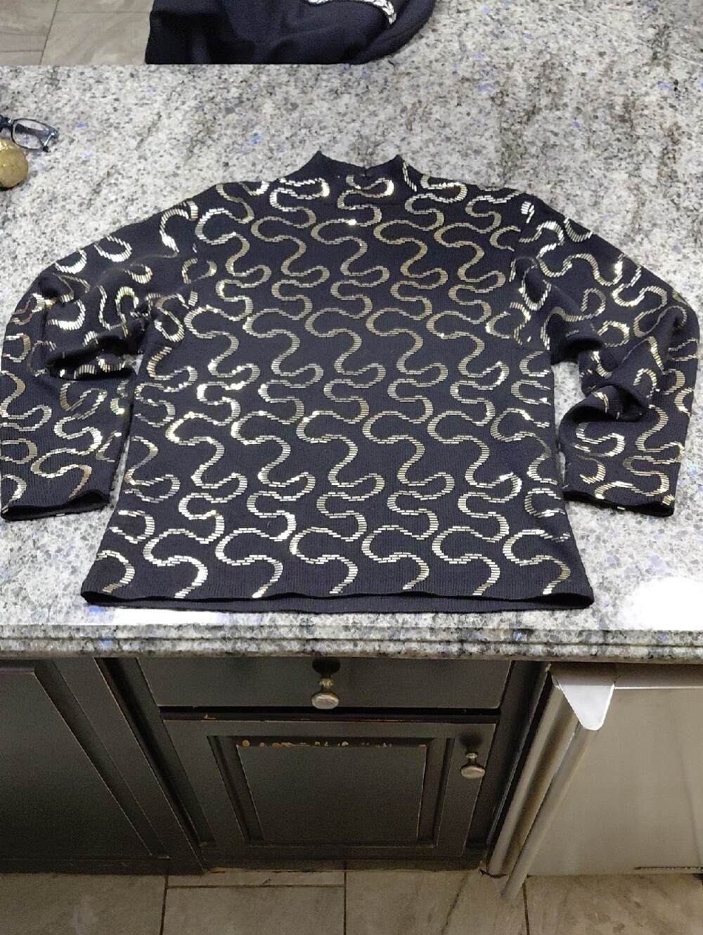 "St. John Evening" Sz.10, Black Sweater with Gold Filament Wave Motif. Gorgeous.